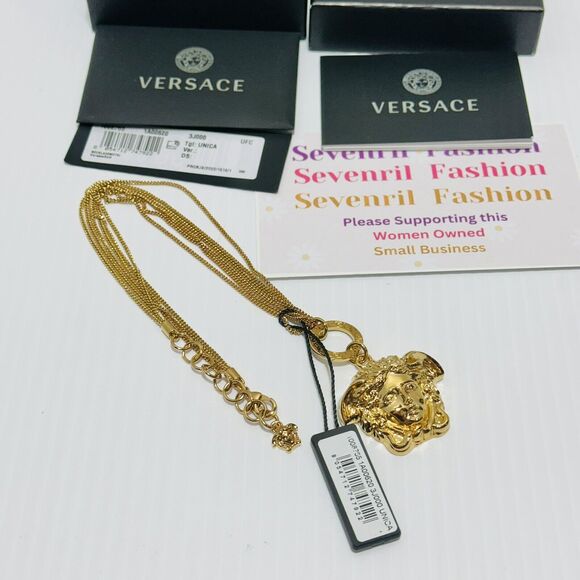 NIB Versace Medusa Head Pendant Gold Tone Triple Multi Chain Necklace $750 - Picture 5 of 11